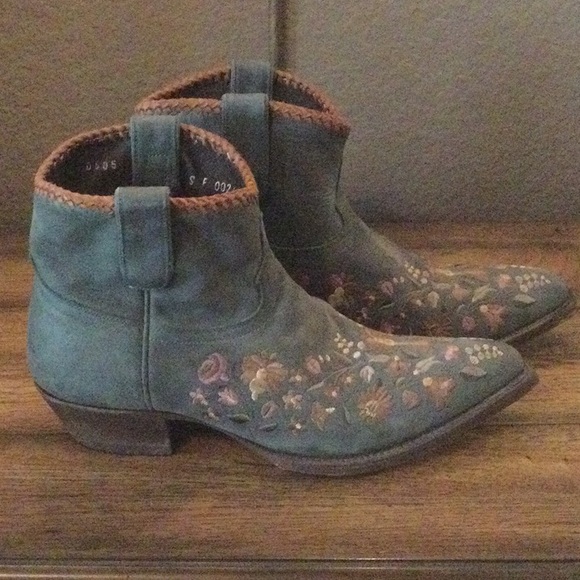 Embroidered Ankle Boots in Blue and Brown - Picture 1 of 9
